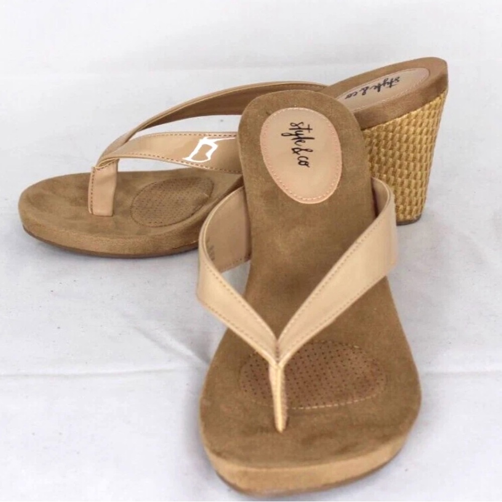 Style & CO Nude Thong Sandal
Heel is mid-high wedge, patent leather 
3.5” heel
